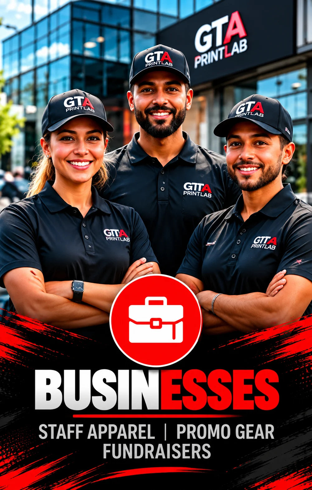 Staff team in branded polos and caps
