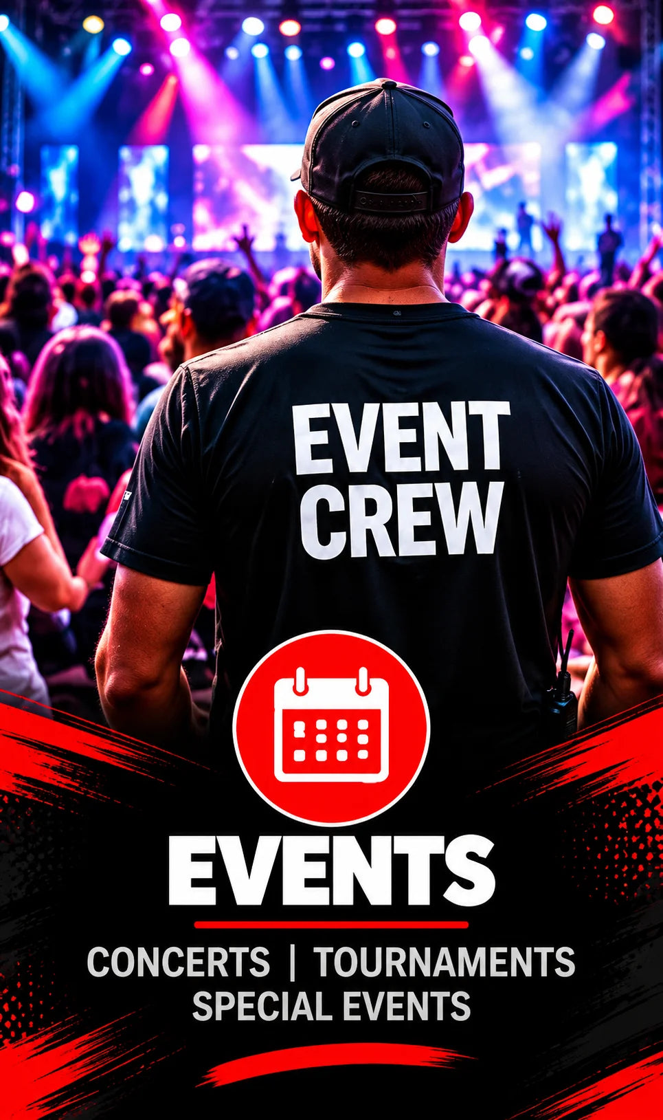 Event crew at a concert in crew shirts