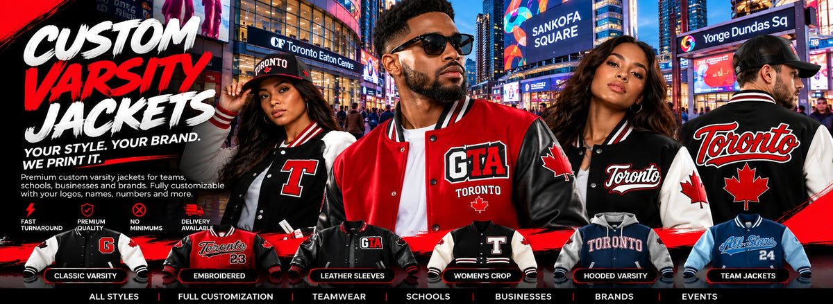 Custom varsity jackets — your style, your brand, we print it. Premium custom varsity jackets for teams, schools, businesses and brands, fully customizable with your logos, names, numbers and more. Fast turnaround, premium quality, no minimums, delivery available. Styles: classic varsity, embroidered, leather sleeves, women’s crop, hooded varsity, team jackets.