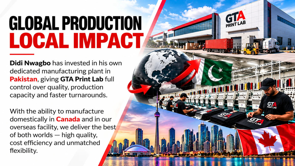 Global production, local impact. Didi Nwagbo has invested in his own dedicated manufacturing plant in Pakistan, giving GTA Print Lab full control over quality, capacity and turnaround. Manufacturing domestically in Canada and overseas delivers high quality, cost efficiency and flexibility.
