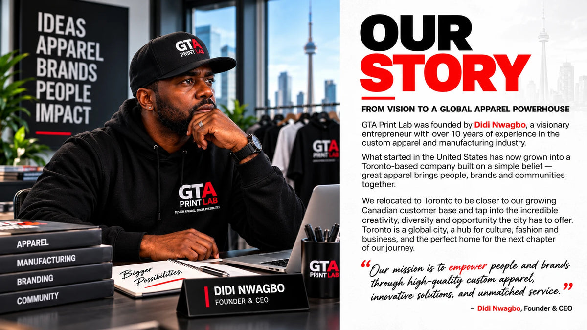 Our story, from vision to a global apparel powerhouse: GTA Print Lab, founded by a visionary entrepreneur with over 10 years in custom apparel and manufacturing, now based in Toronto.