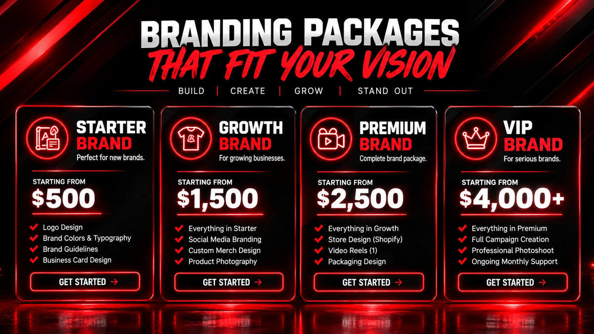 Branding packages that fit your vision: Starter Brand from $500, Growth Brand from $1,500, Premium Brand from $2,500, VIP Brand from $4,000+.