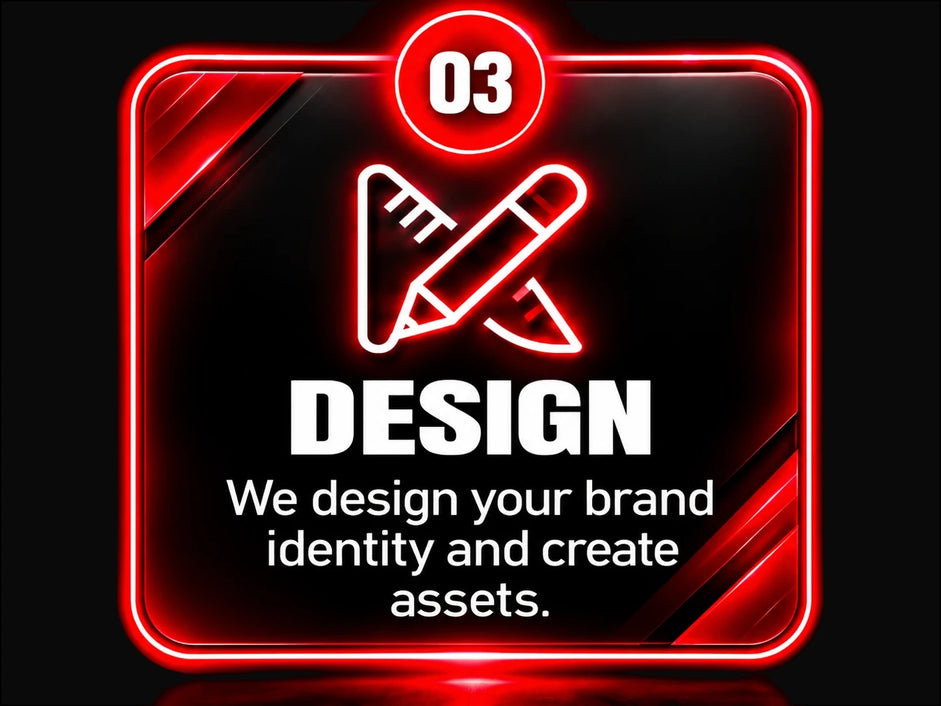 Step 3, design: we design your brand identity and create assets.