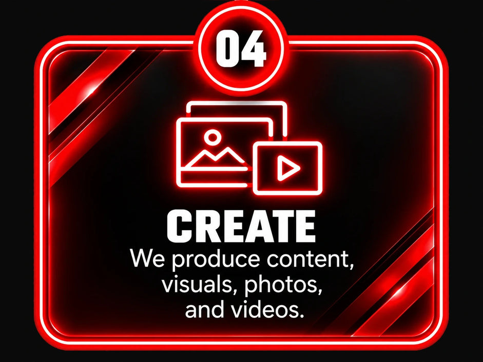 Step 4, create: we produce content, visuals, photos and videos.