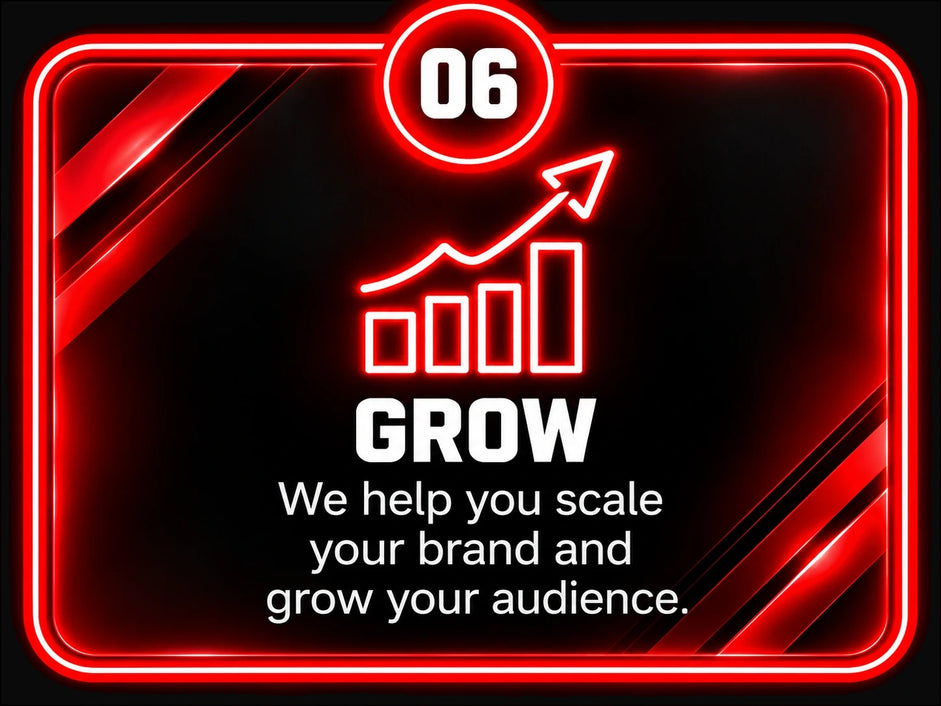 Step 6, grow: we help you scale your brand and grow your audience.