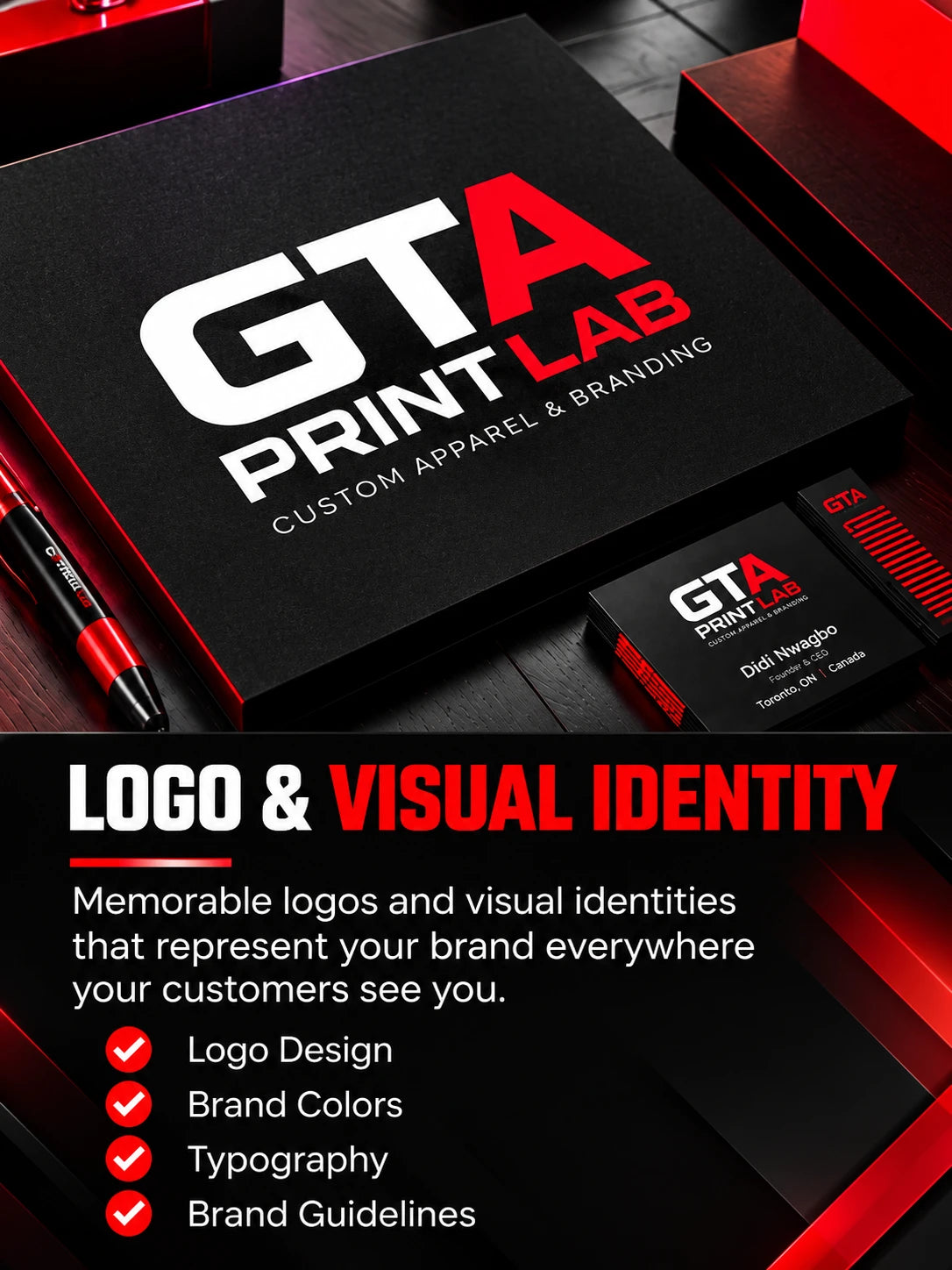 Logo and visual identity: logo design, brand colours, typography and brand guidelines.