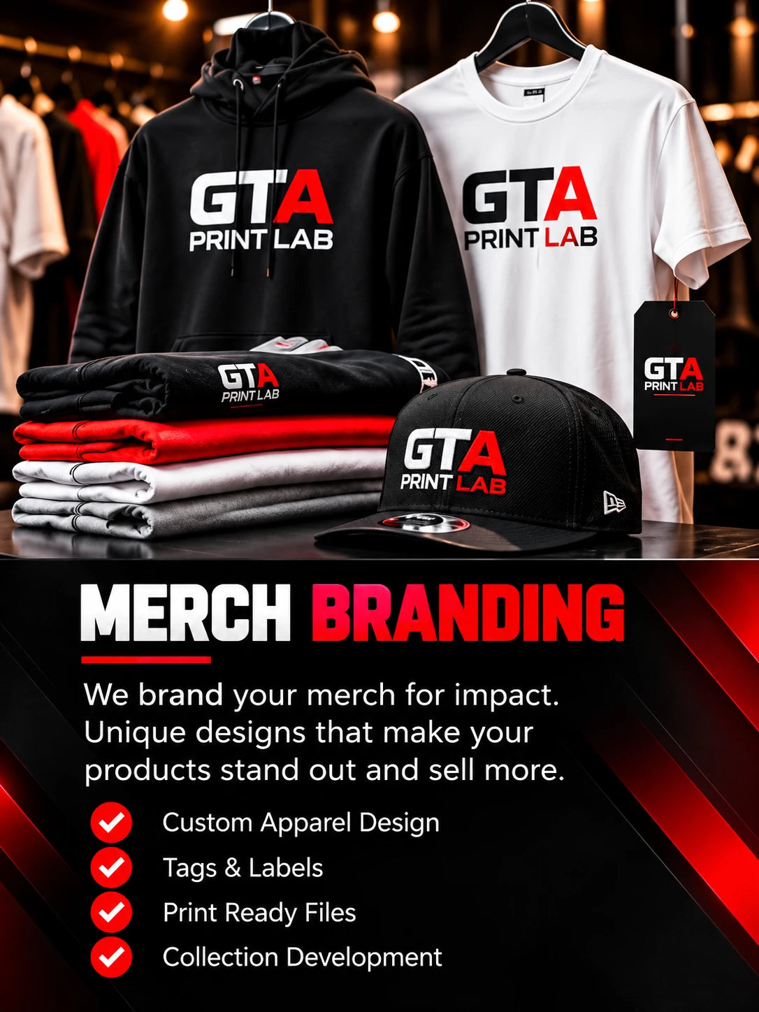 Merch branding: custom apparel design, tags and labels, print-ready files and collection development.