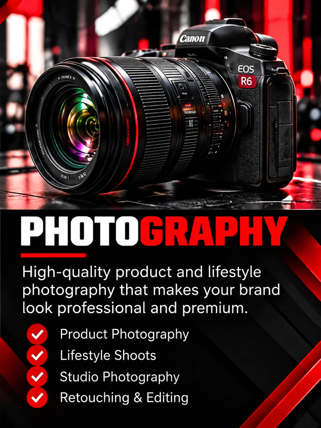 Photography: product photography, lifestyle shoots, studio photography, retouching and editing.