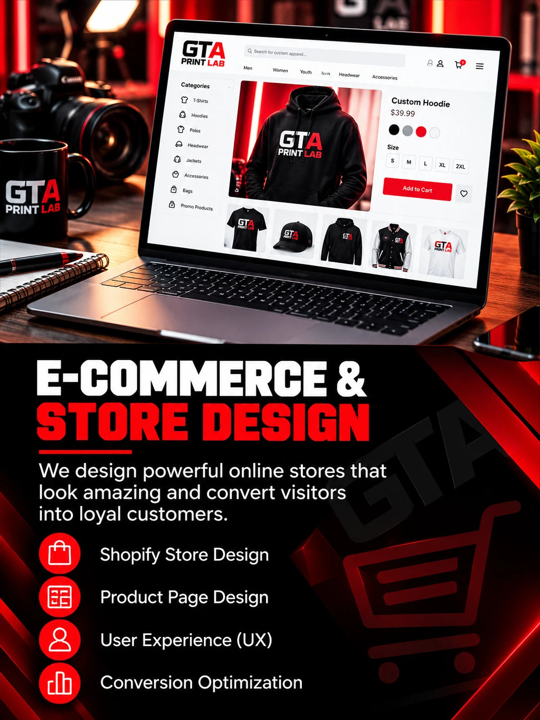 E-commerce and store design: Shopify store design, product page design, user experience and conversion optimization.