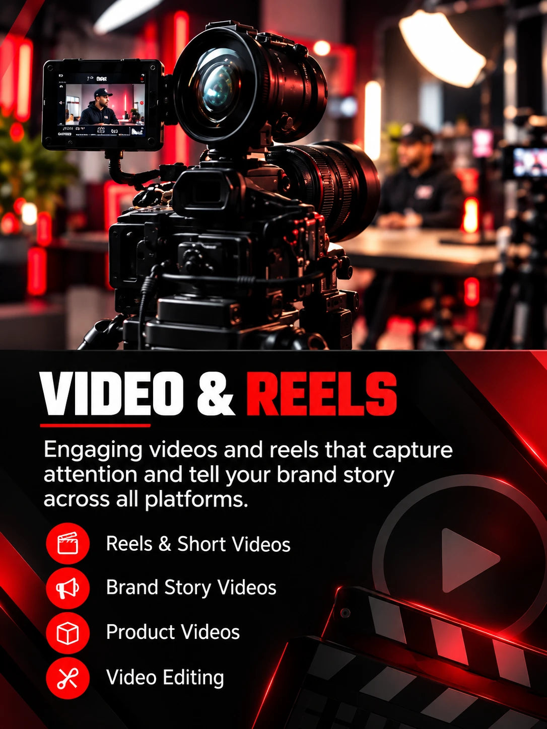 Video and reels: reels and short videos, brand story videos, product videos and video editing.