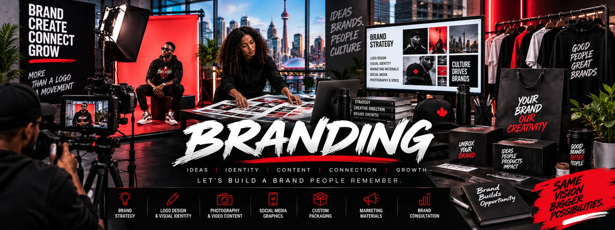 Branding — ideas, identity, content, connection, growth. Let's build a brand people remember: brand strategy, logo design and visual identity, photography and video content, social media graphics, custom packaging, marketing materials and brand consultation.
