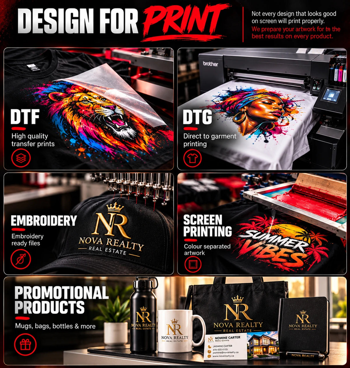 Design for print — not every design that looks good on screen will print properly; we prepare your artwork for the best results on every product. DTF transfer prints, DTG direct to garment, embroidery-ready files, screen printing colour separations, promotional products.