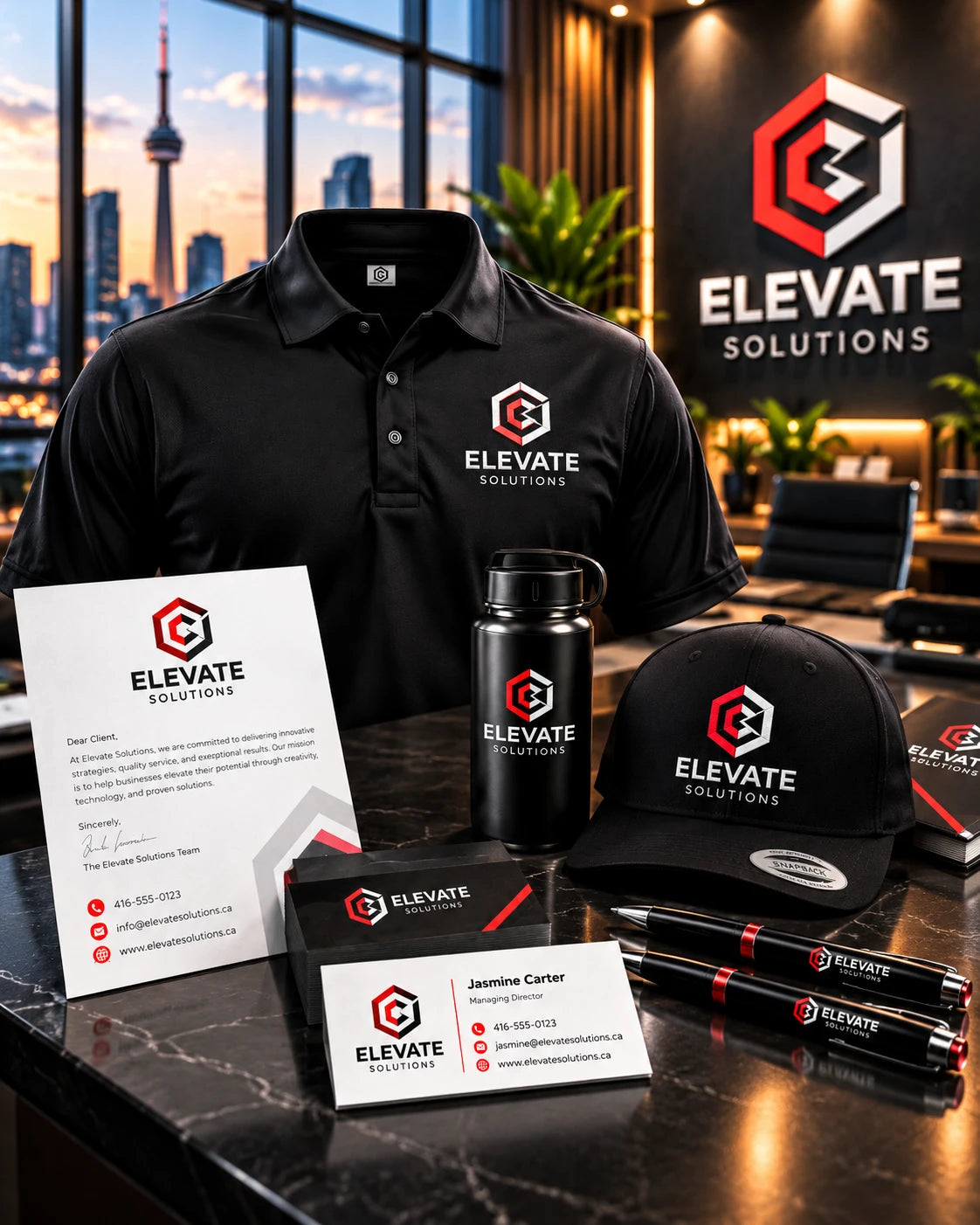 Corporate design: Elevate Solutions branded polo, cap, bottle, letterhead, business cards and pens