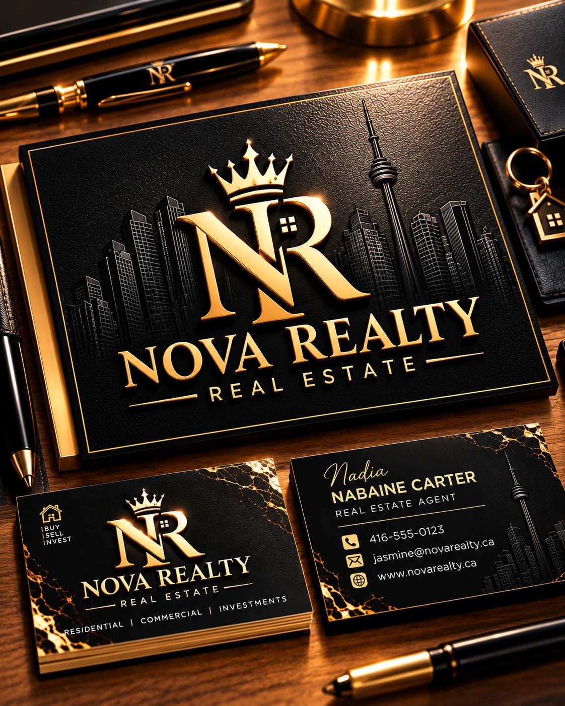 Logo design and branding: gold Nova Realty logo on a black sign with matching business cards