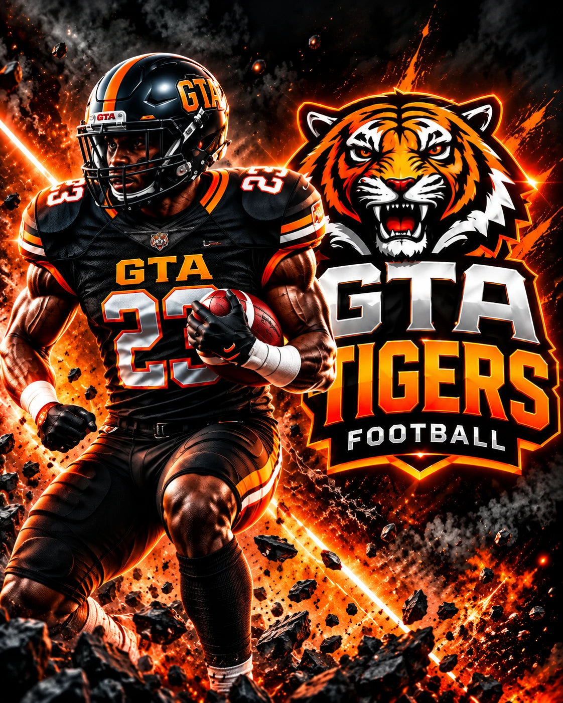 Sports graphics: GTA Tigers football player and tiger team logo