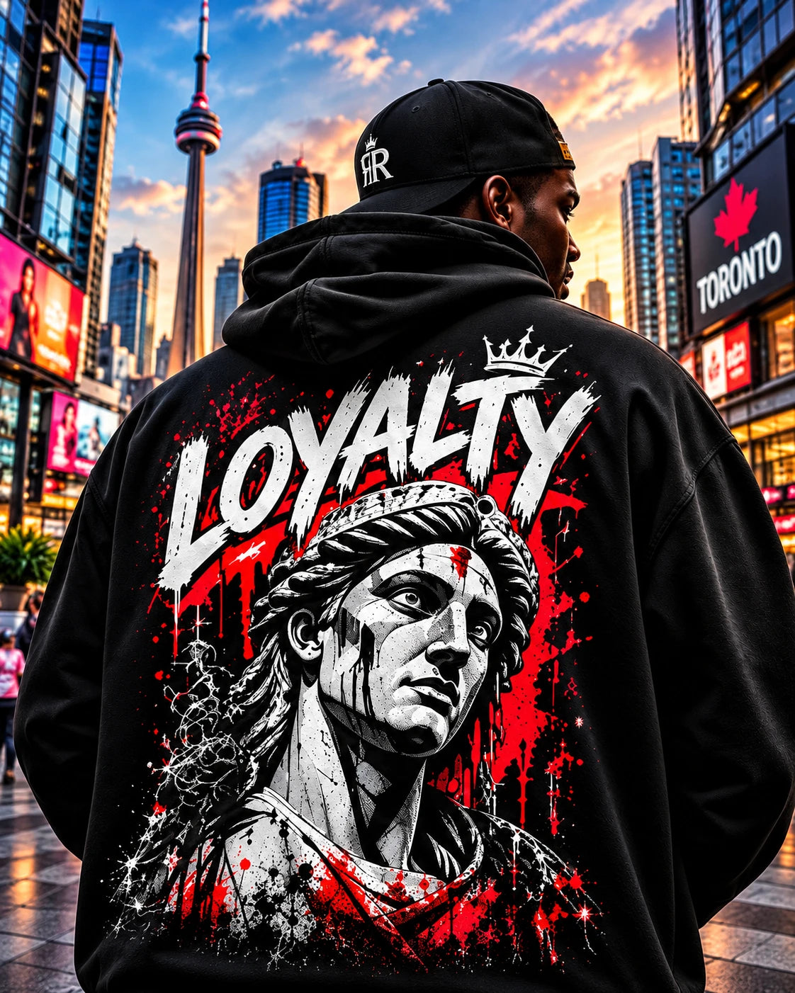 Streetwear design: black hoodie with a Loyalty statue back print in downtown Toronto