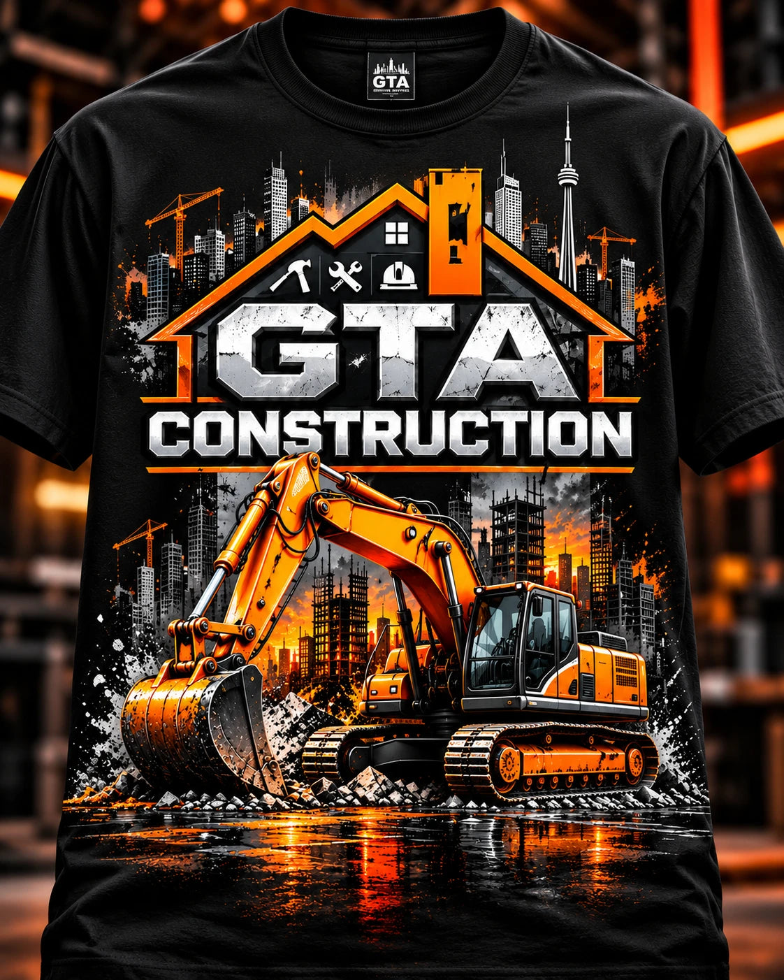 Custom t-shirt design: black tee with a GTA Construction excavator and Toronto skyline graphic