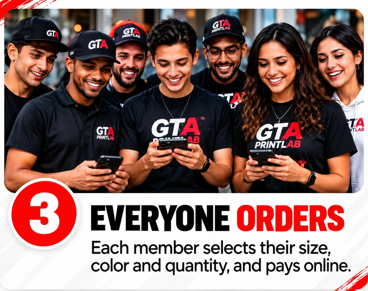 Everyone orders — Each member selects their size, colour and quantity, and pays online.