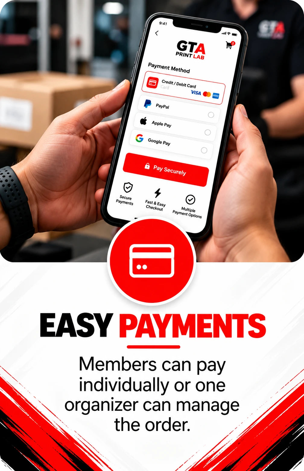 Easy payments — Members can pay individually, or one organizer can manage the order.