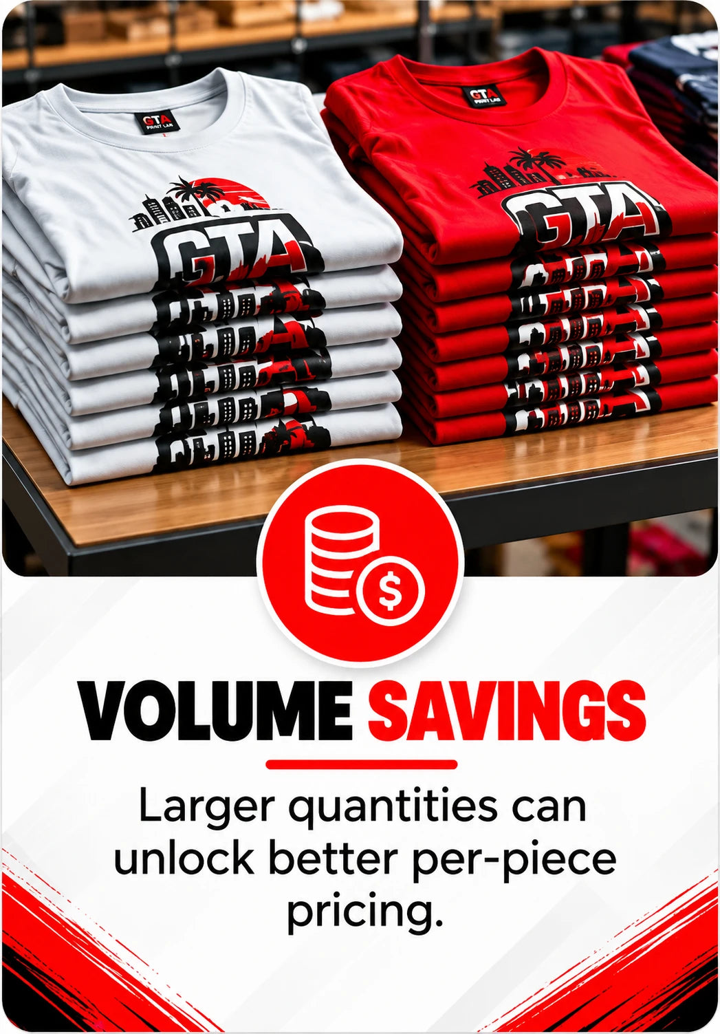 Volume savings — Larger quantities can unlock better per-piece pricing.
