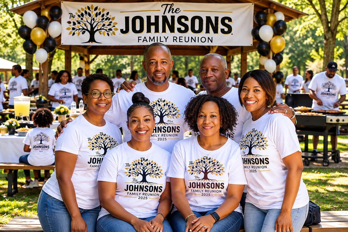 The Johnsons family reunion in matching custom shirts