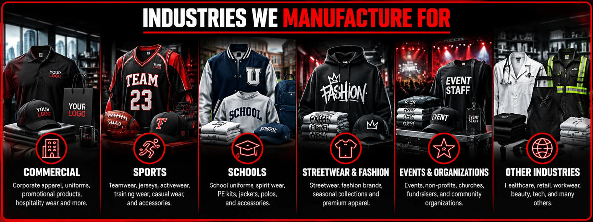 Industries we manufacture for: commercial, sports, schools, streetwear and fashion, events and organizations, and other industries such as healthcare, retail, workwear, beauty and tech.