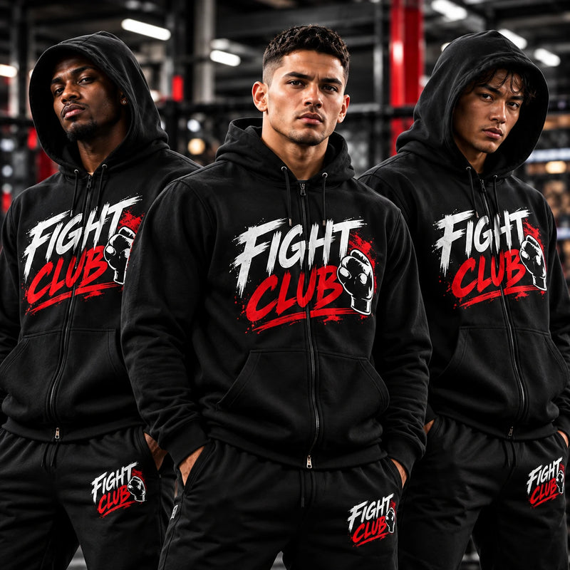 Custom Fight Club zip hoodies and joggers with red and white prints