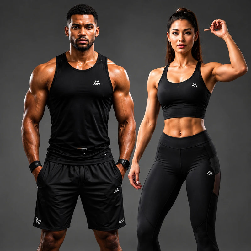 Black branded activewear: tank, shorts, sports bra and leggings
