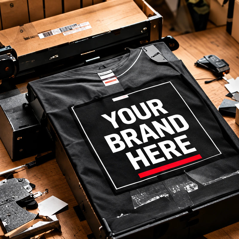 Black streetwear tee with a large Your Brand Here print on the production table