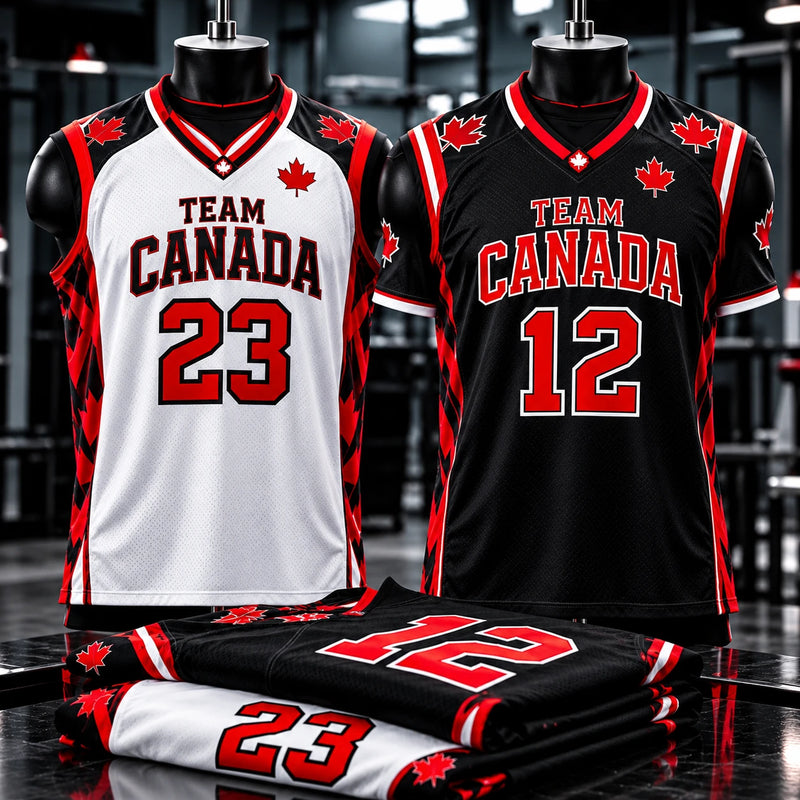 Team Canada basketball jerseys in white and black with red numbers