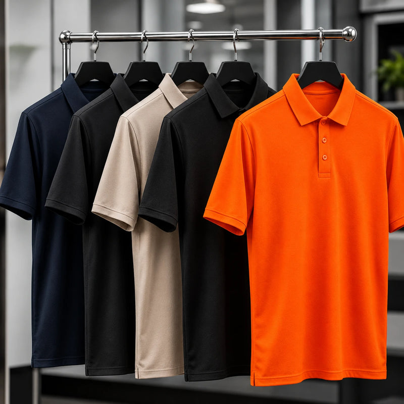 Polo shirts in navy, black, sand and orange on a rail