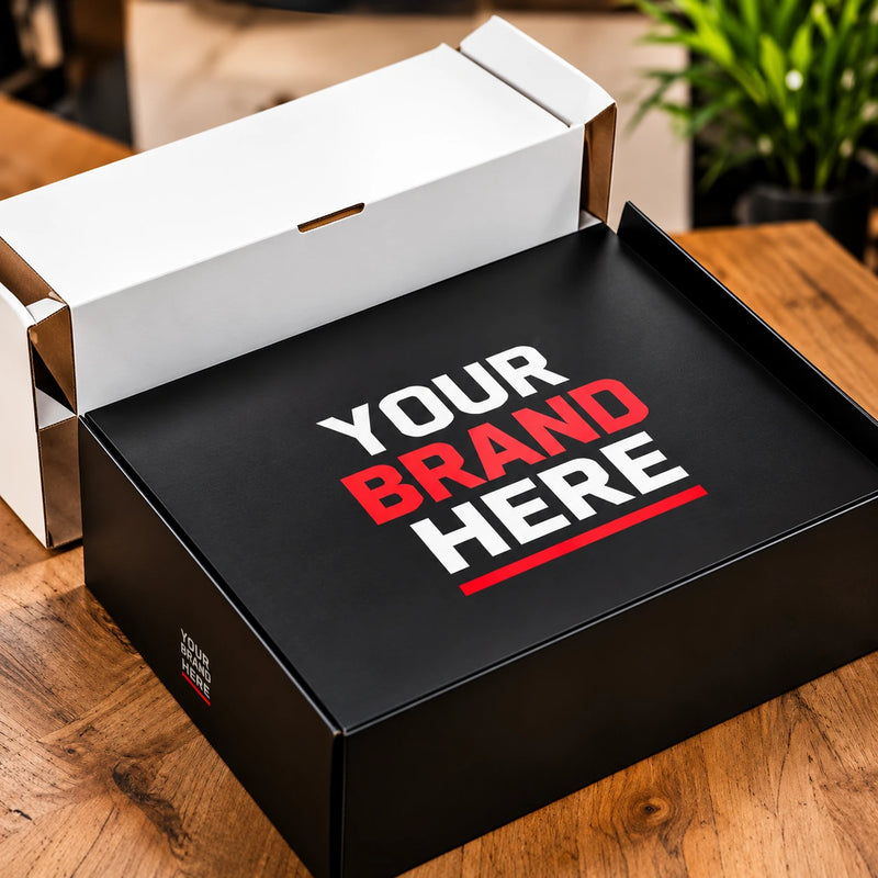Black private label mailer box printed Your Brand Here