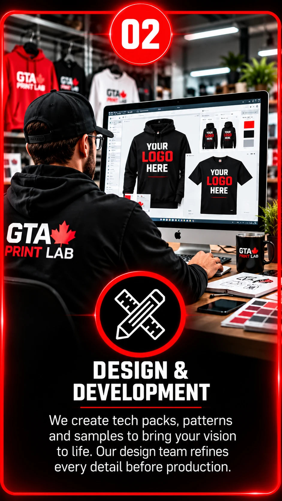 Step 2, design and development: we create tech packs, patterns and samples, refining every detail before production.