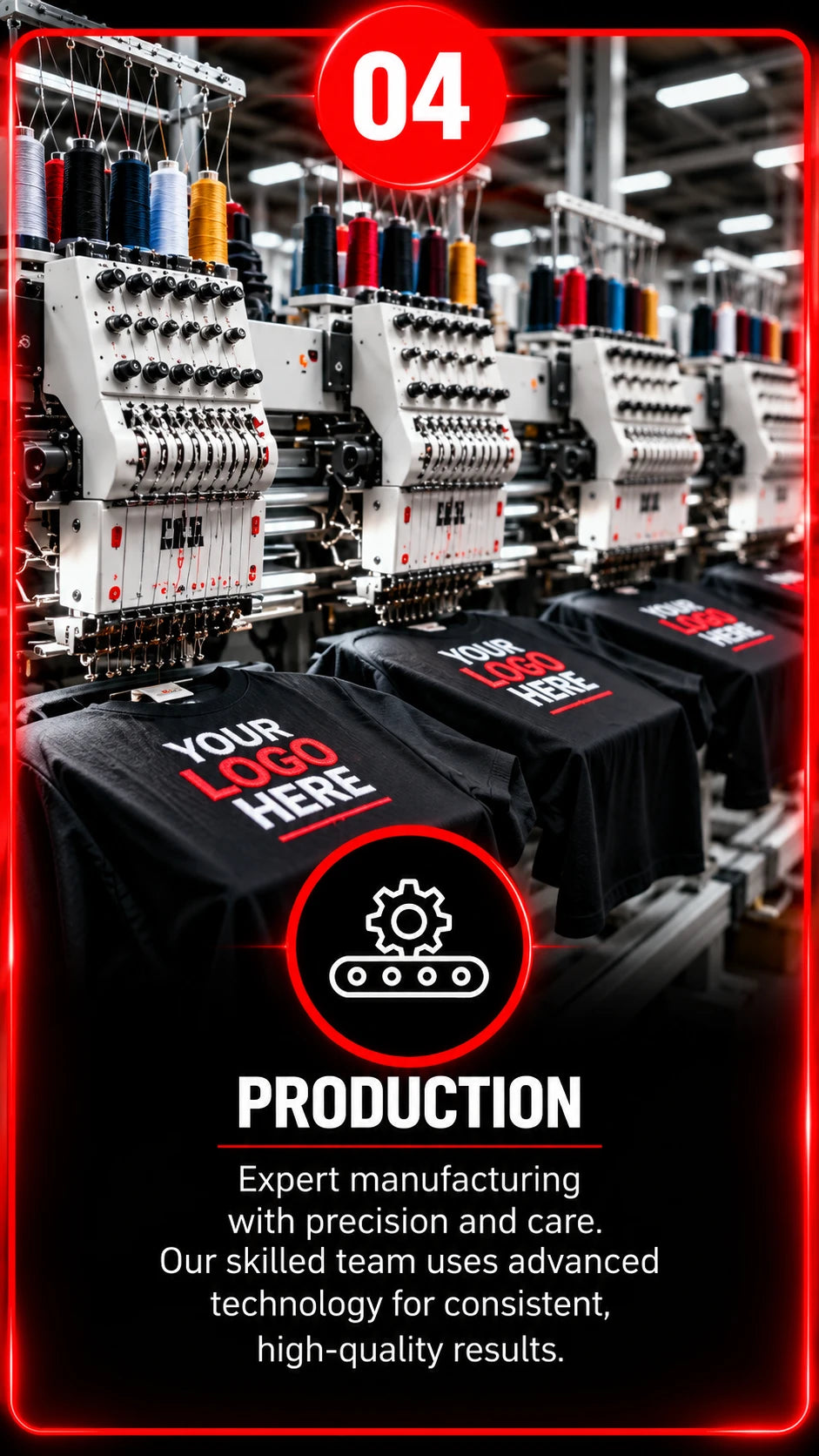 Step 4, production: expert manufacturing with precision and care, using advanced technology for consistent, high-quality results.