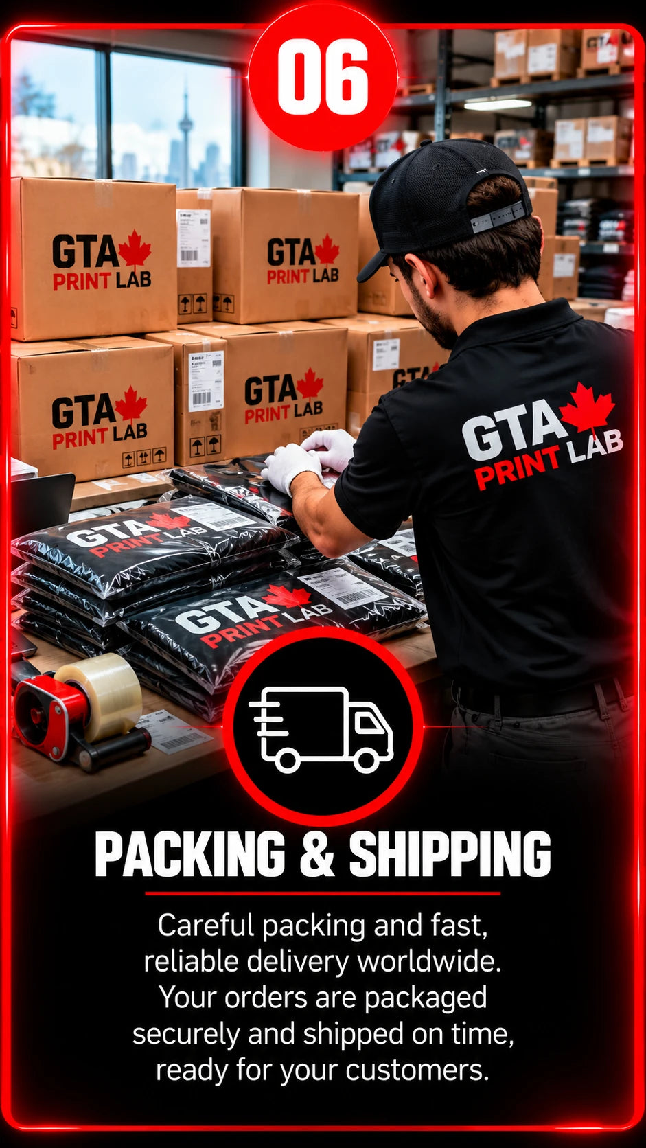 Step 6, packing and shipping: careful packing and fast, reliable delivery worldwide, shipped on time and ready for your customers.