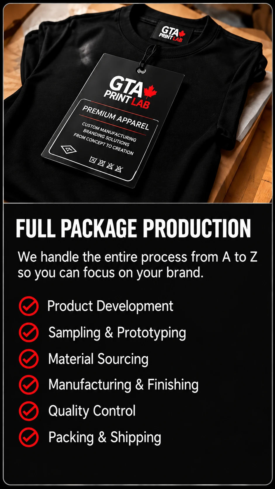 Full package production: we handle the entire process from A to Z. Product development, sampling and prototyping, material sourcing, manufacturing and finishing, quality control, packing and shipping.
