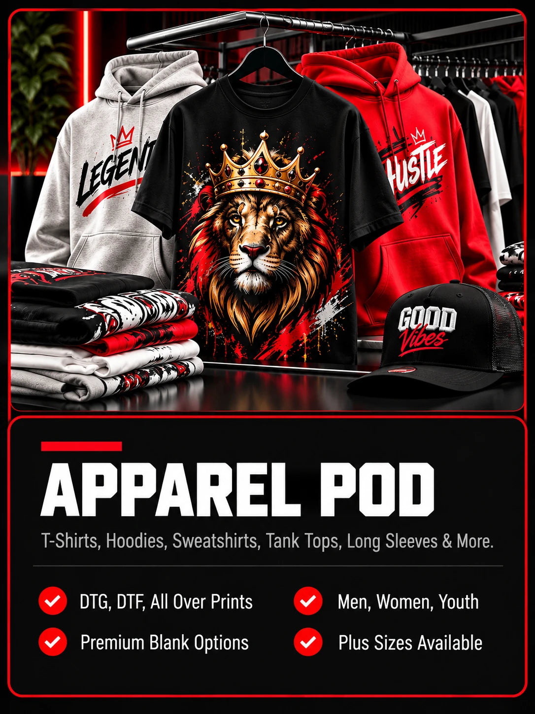 Apparel POD — T-shirts, hoodies, sweatshirts, tank tops, long sleeves and more. DTG, DTF, all over prints, premium blank options, men, women, youth, plus sizes available.