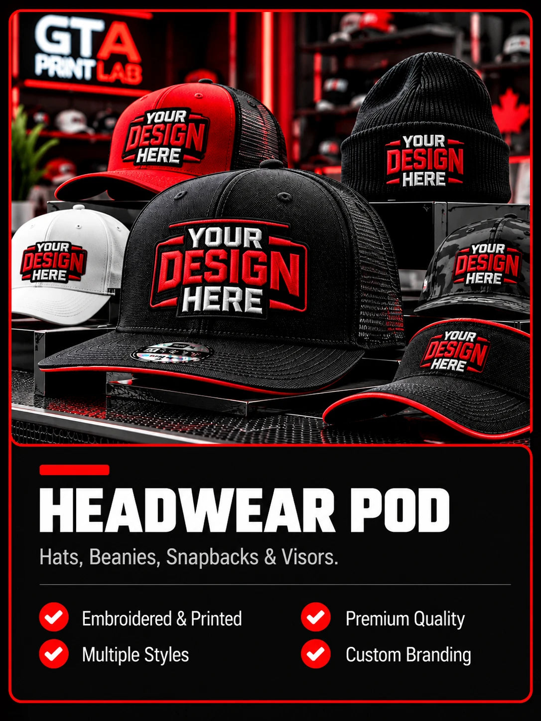 Headwear POD — hats, beanies, snapbacks and visors. Embroidered and printed, multiple styles, premium quality, custom branding.