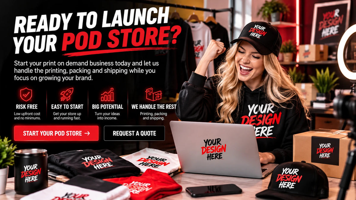Ready to launch your POD store? Start your print on demand business today and let us handle printing, packing and shipping. Risk free, easy to start, big potential, we handle the rest.