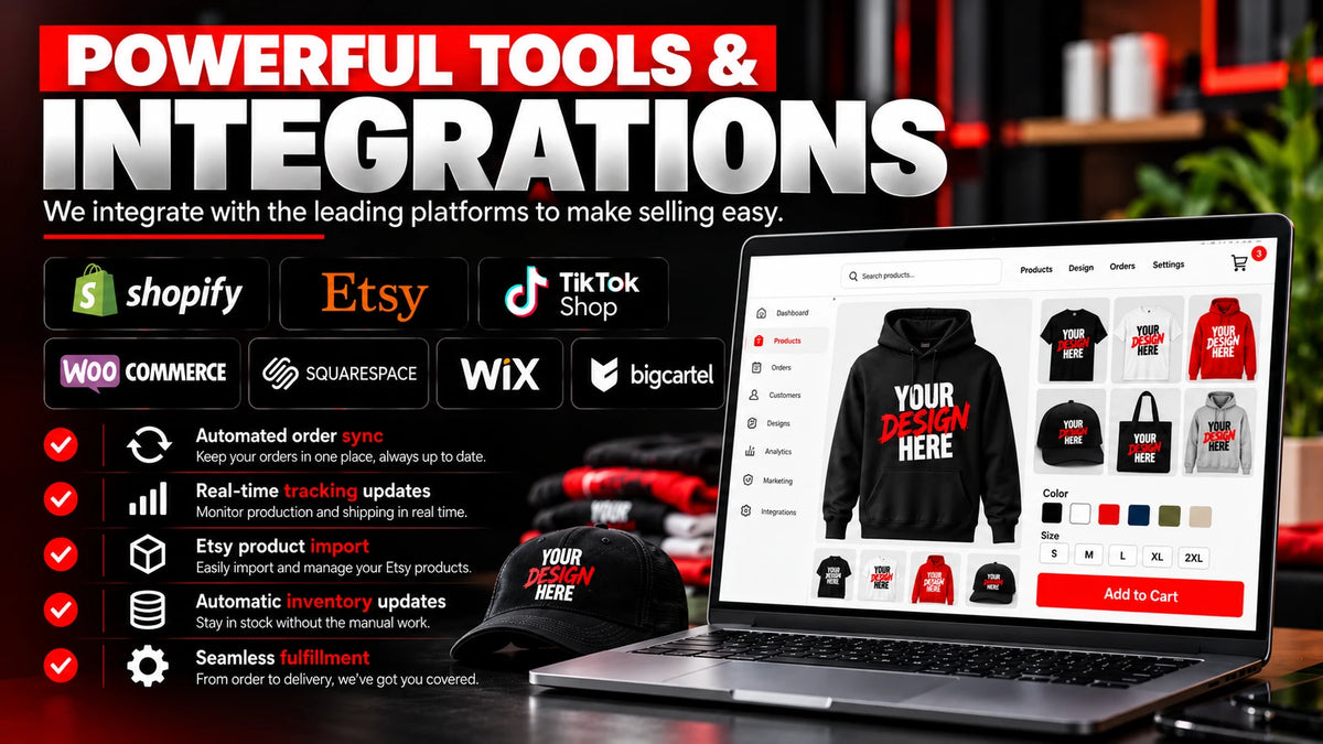 Powerful tools and integrations: works with Shopify, Etsy, TikTok Shop, WooCommerce, Squarespace, Wix and Big Cartel. Automated order sync, real-time tracking, Etsy product import, automatic inventory updates and seamless fulfillment.