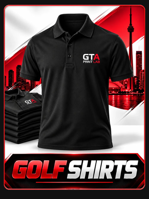 Golf shirts: black polo with a GTA Print Lab chest logo