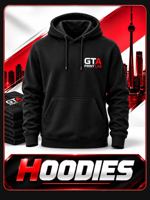 Hoodies: black hoodie with a GTA Print Lab chest logo