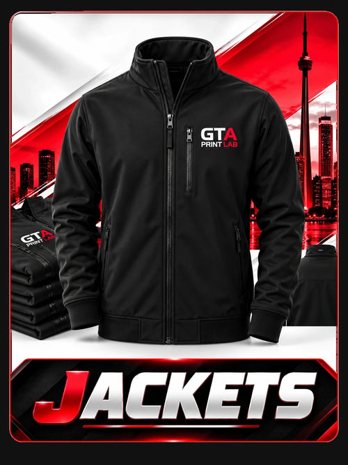 Jackets: black softshell jacket with a GTA Print Lab chest logo