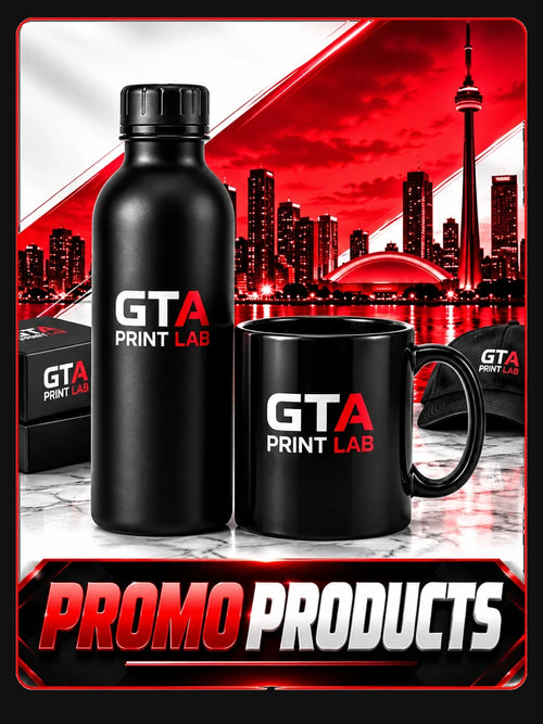 Promo products: black water bottle and mug with the GTA Print Lab logo