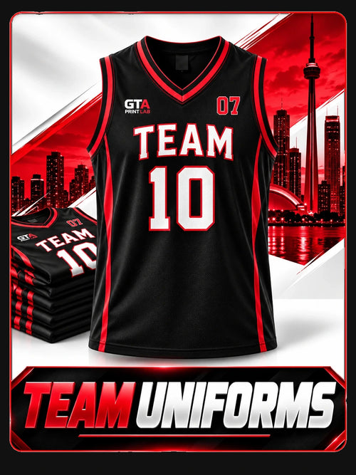 Team uniforms: black and red basketball jersey number 10