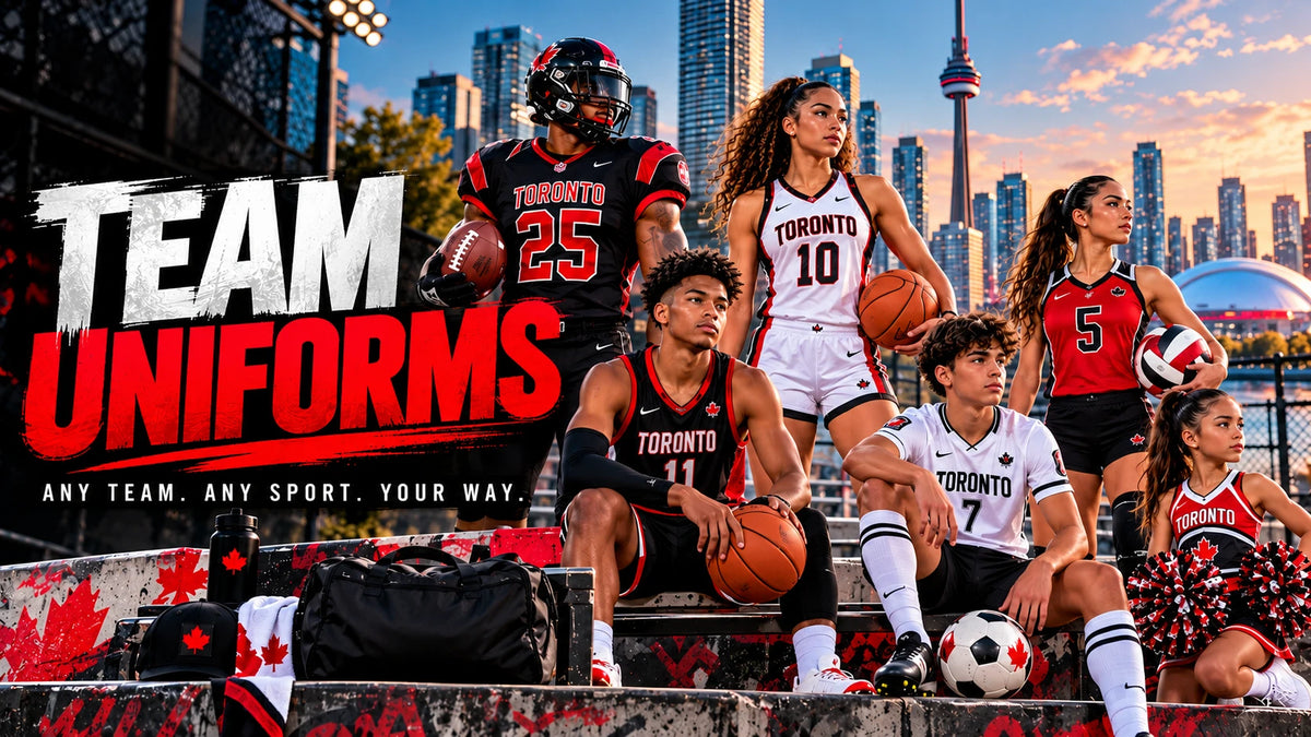 Team uniforms. Any team. Any sport. Your way. Athletes in custom Toronto football, basketball, volleyball, soccer and cheer uniforms in front of the Toronto skyline.