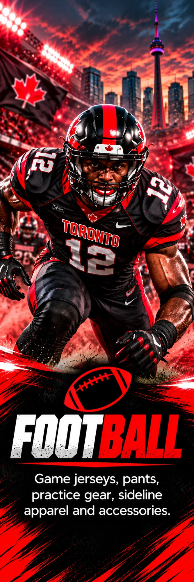 Football — Game jerseys, pants, practice gear, sideline apparel and accessories.