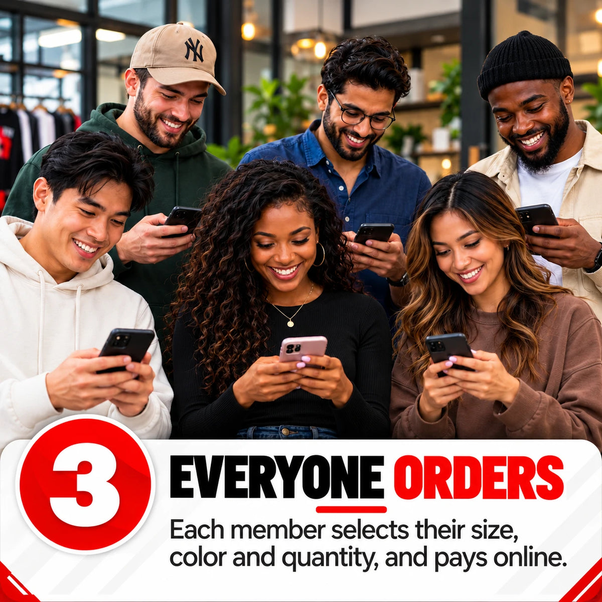 Step 3, everyone orders: each member selects their size, color and quantity, and pays online.