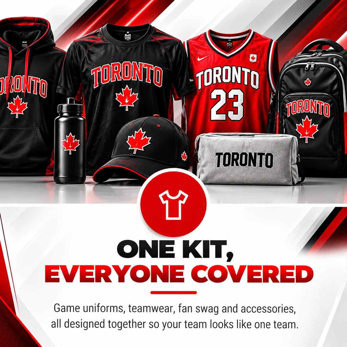One kit, everyone covered: game uniforms, teamwear, fan swag and accessories, all designed together so your team looks like one team.