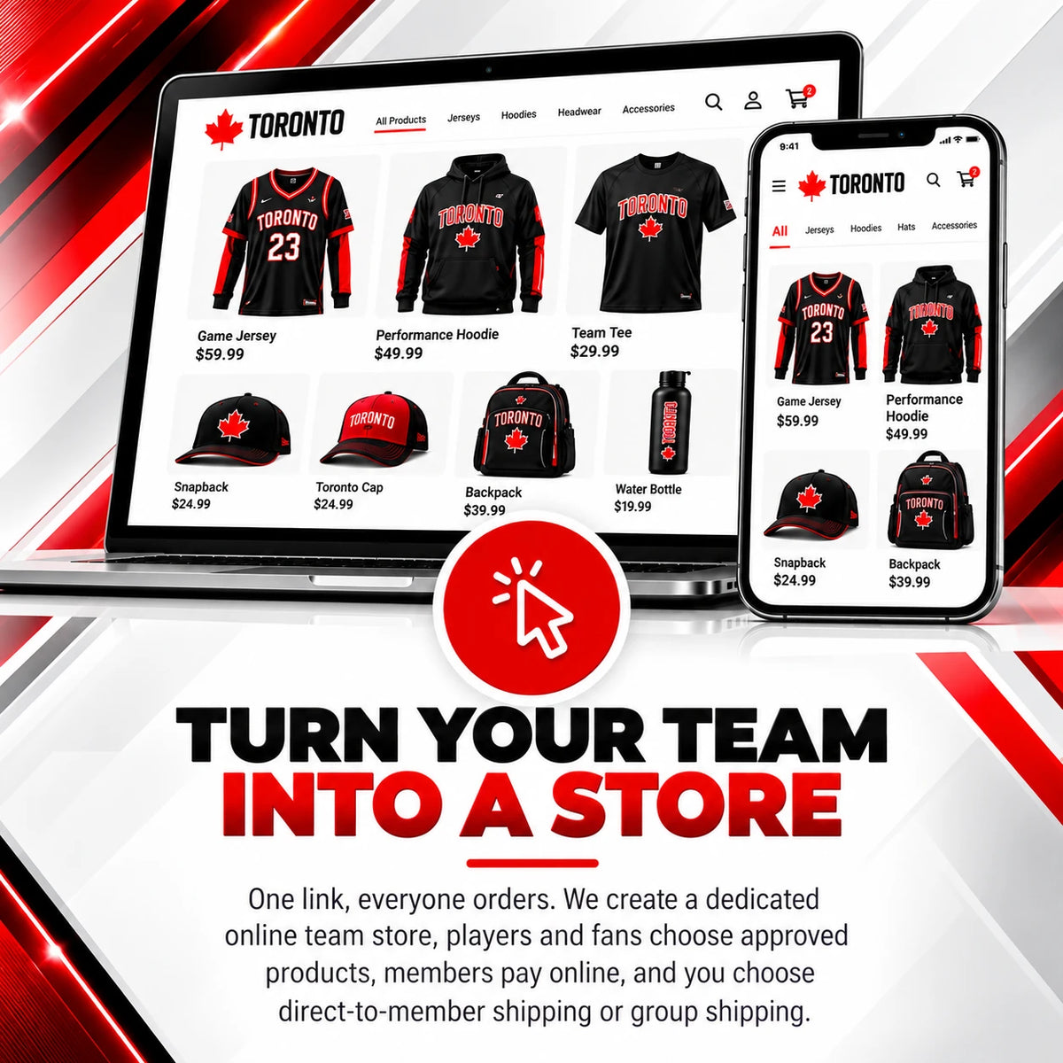 Turn your team into a store: one link, everyone orders. A dedicated online team store where members pay online, with direct-to-member or group shipping.